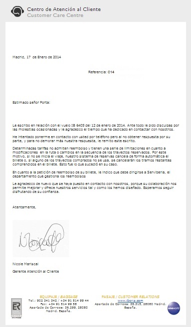 Carta respuesta atención clientes Iberia